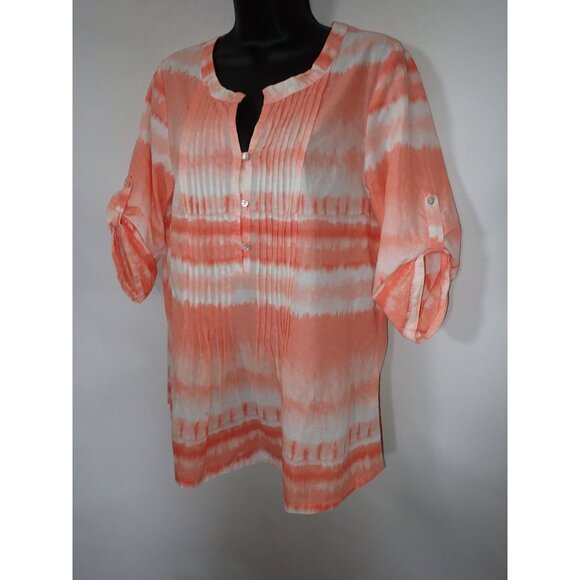 J.Jill Tunic Top Women M Orange Ombre Flowing Boho Top Roll Sleeve Pintuck casua - Picture 2 of 6